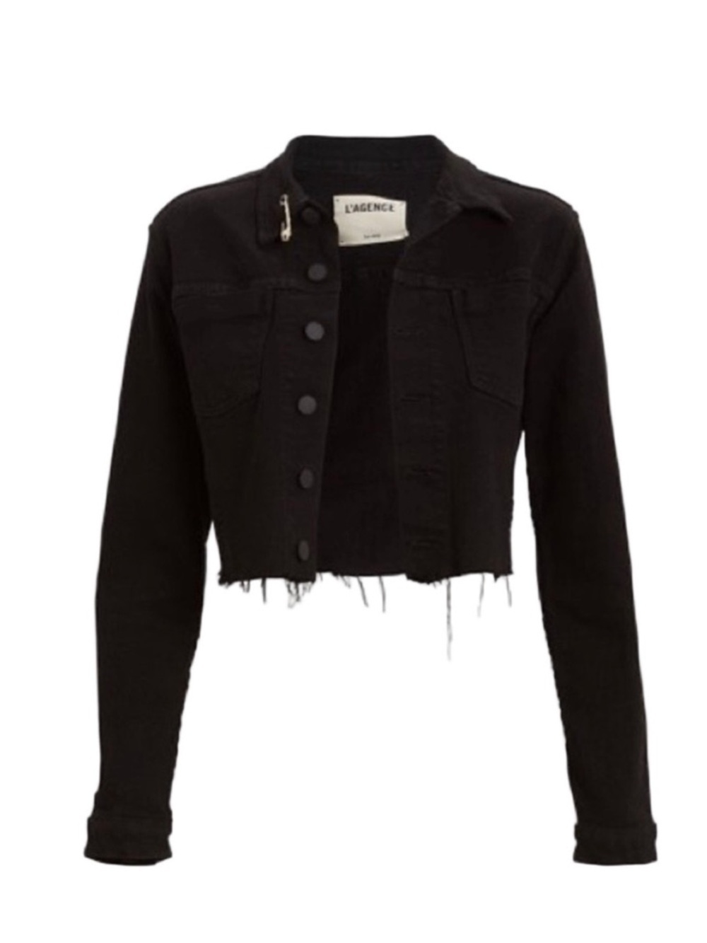 L’AGENCE Black Aria Safety Pin Cropped Distressed Hem Denim Jacket RARE - Picture 9 of 9